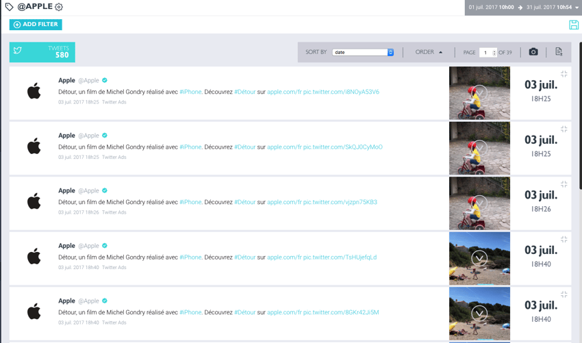 Exhaustivité des tweets de @Apple sur juillet 2017