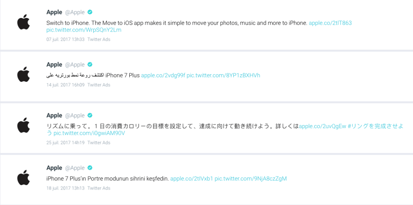 Tweets dans différentes langues de Apple, postés avec Twitter Ads